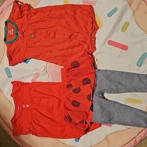 12m Carter's 3 piece set with matching 2 piece set and strawberry romper.